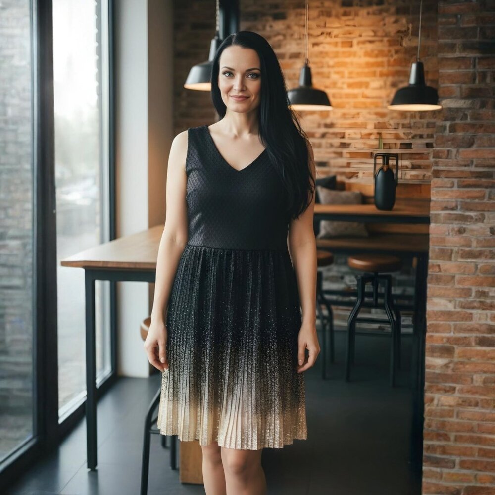 Roz & Ali ✦ Shimmer Midi Dress ✦ Black Silver Gold Ombre Sleeveless V-Neck 12 - Picture 3 of 11